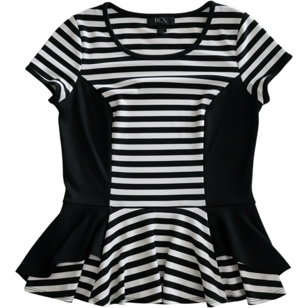 BCX Womens Small Black White Striped Peplum Top‎ Short Sleeve Side Panels